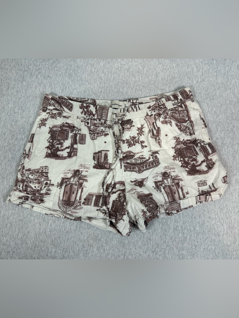Abercrombie & Fitch Linen-Blend Scenic Pull-On Shorts Cream/Brown - Size Small